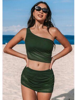 Cupshe 2 Piece Swimsuit One Shoulder Ruched Mesh Side Waisted Panel Small NWT